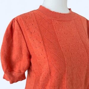 Frank and Oak Womens Orange Knit Whimsy Twee Short Sleeve Sweater Puff Sleeves